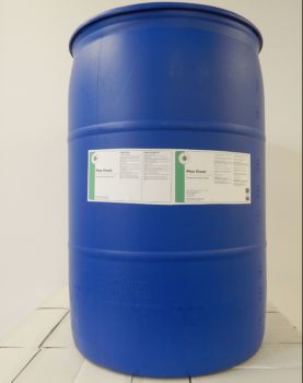 blue 55 gallon drum with white label, green stripe